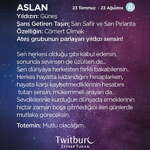 Mor ve lacivert yıldızlı arka plan üzerinde Aslan burcunun tarih aralığı, gezegeni, şanslı taşları  ve kişilik özelliklerini anlatan bilgilendirici görsel.