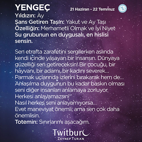 Mor ve lacivert yıldızlı arka plan üzerinde Yengeç burcunun tarih aralığı, gezegeni, şanslı taşları ve kişilik özelliklerini anlatan bilgilendirici görsel.